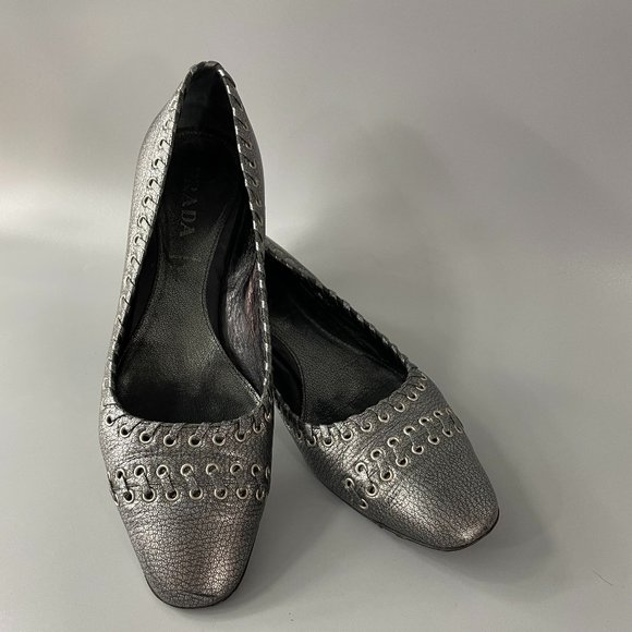 Authentic PRADA Pewter Metallic Leather Block Heels, 36 1/2 - Picture 1 of 11